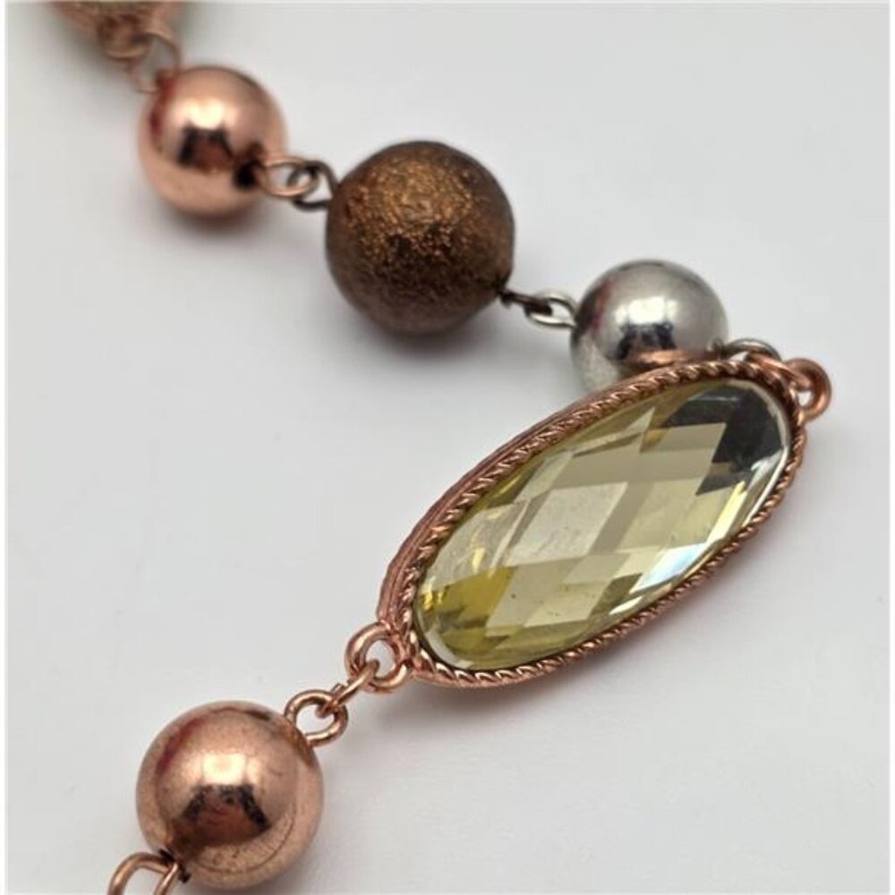 Long Copper Tone Cross Necklace Yellow Crystal Beads Boho 29 In Adj. - Picture 4 of 9